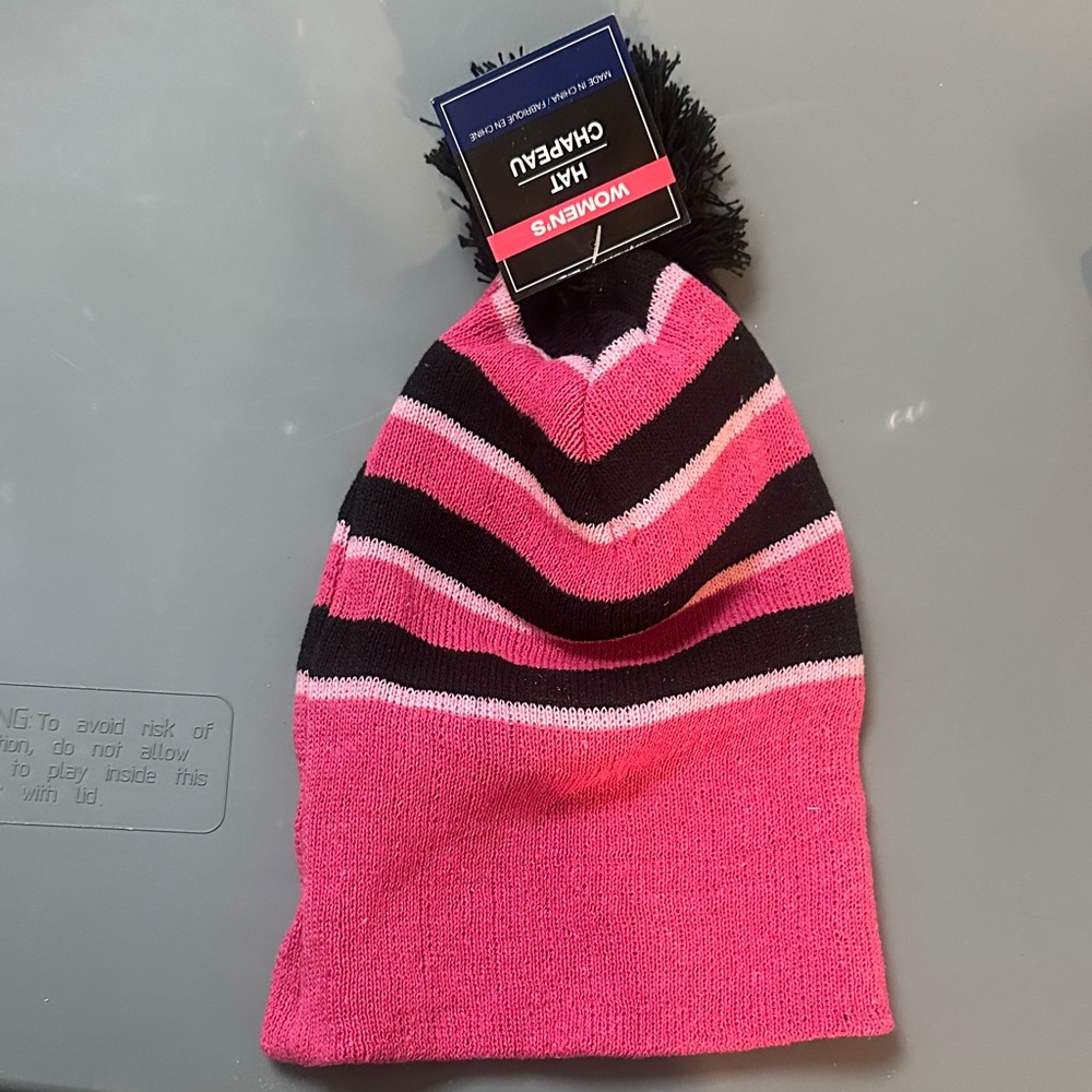 Women's Pink Striped Knit Pom Beanie Hat
